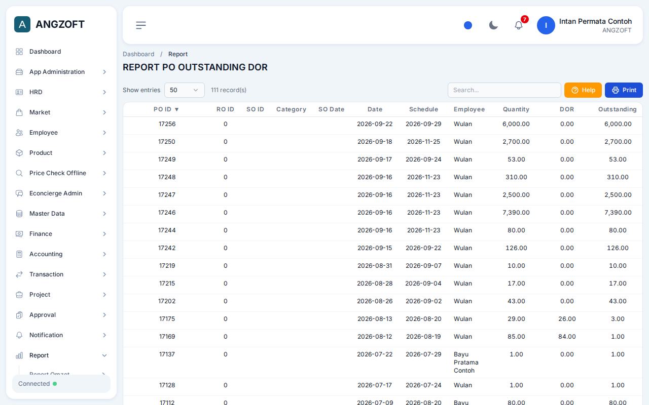 Layar Outstanding DOR di aplikasi Angzoft ERP.