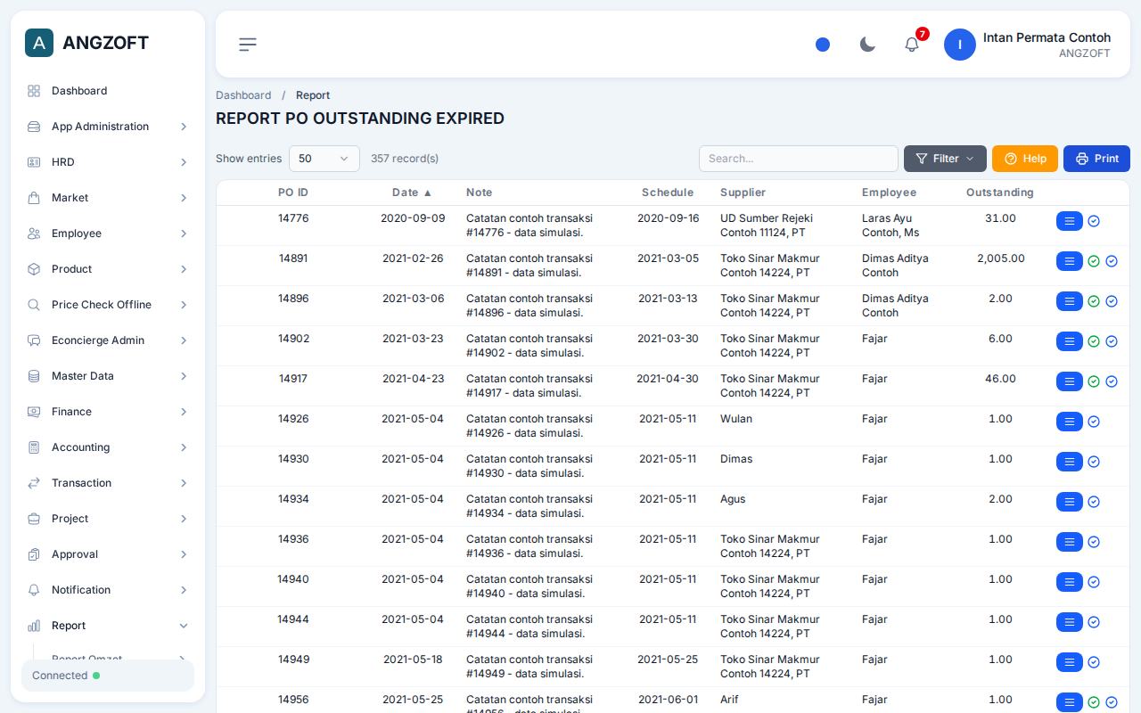 Layar PO Outstanding Expired di aplikasi Angzoft ERP.