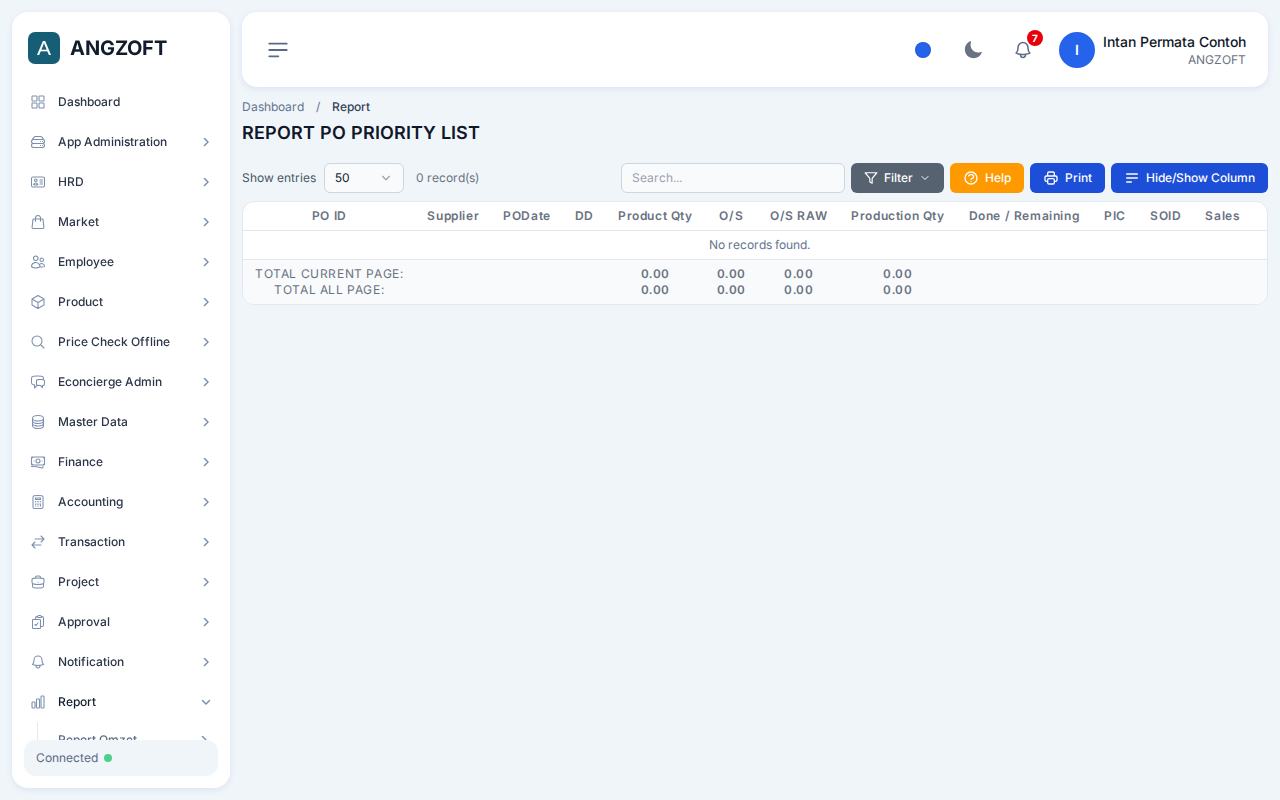 Layar PO Priority List by Supplier di aplikasi Angzoft ERP.