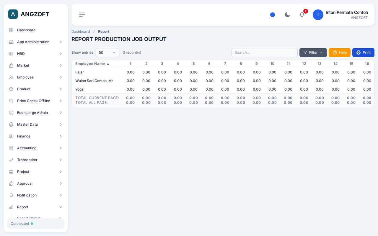 Layar Production Job Output di aplikasi Angzoft ERP.