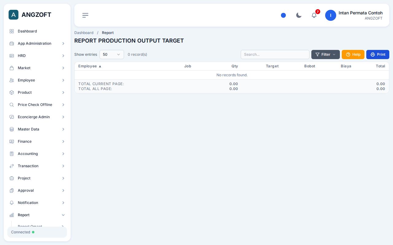 Layar Production Output Target di aplikasi Angzoft ERP.