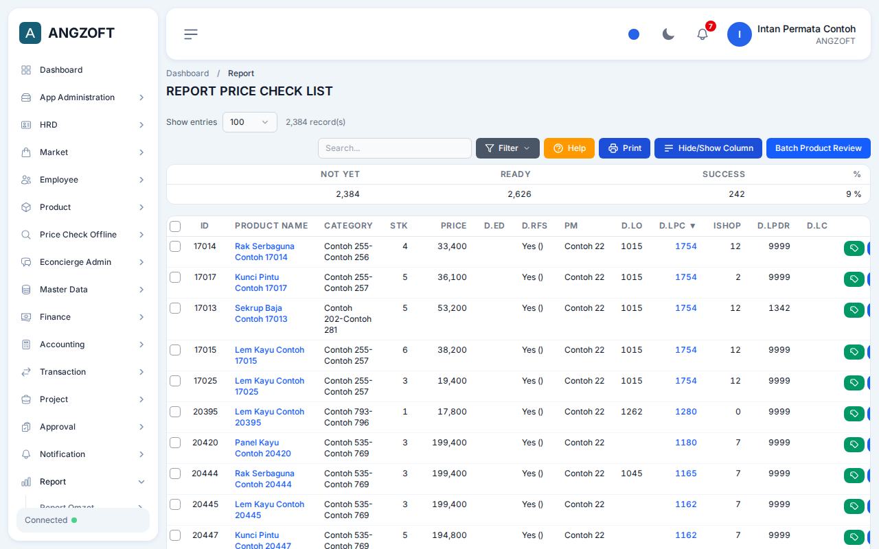 Layar Price Check List di aplikasi Angzoft ERP.
