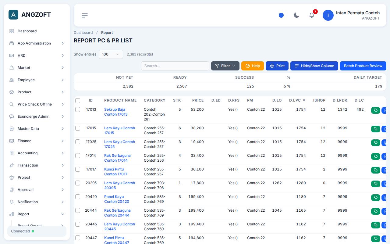 Layar PC & PR List di aplikasi Angzoft ERP.