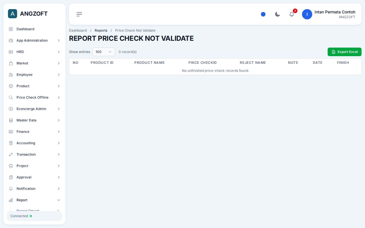 Layar Price Check Not Validate di aplikasi Angzoft ERP.