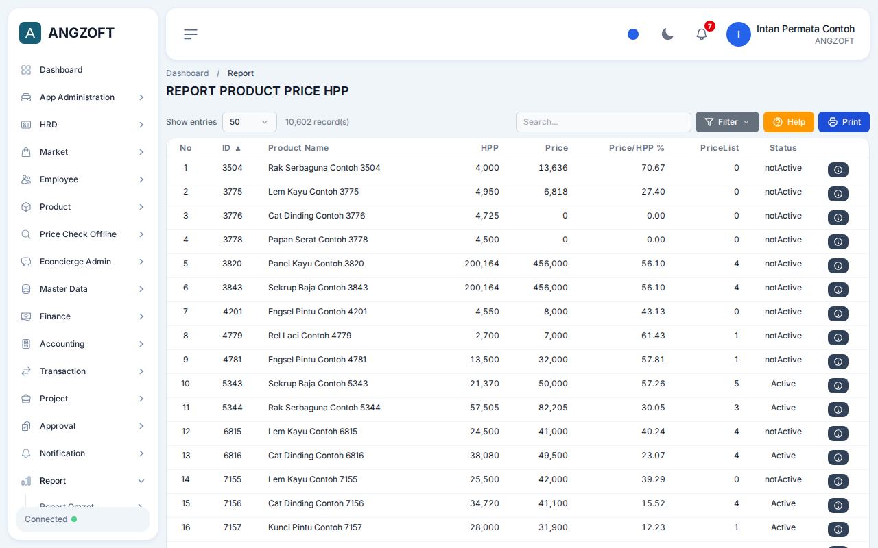 Layar HPP Price di aplikasi Angzoft ERP.