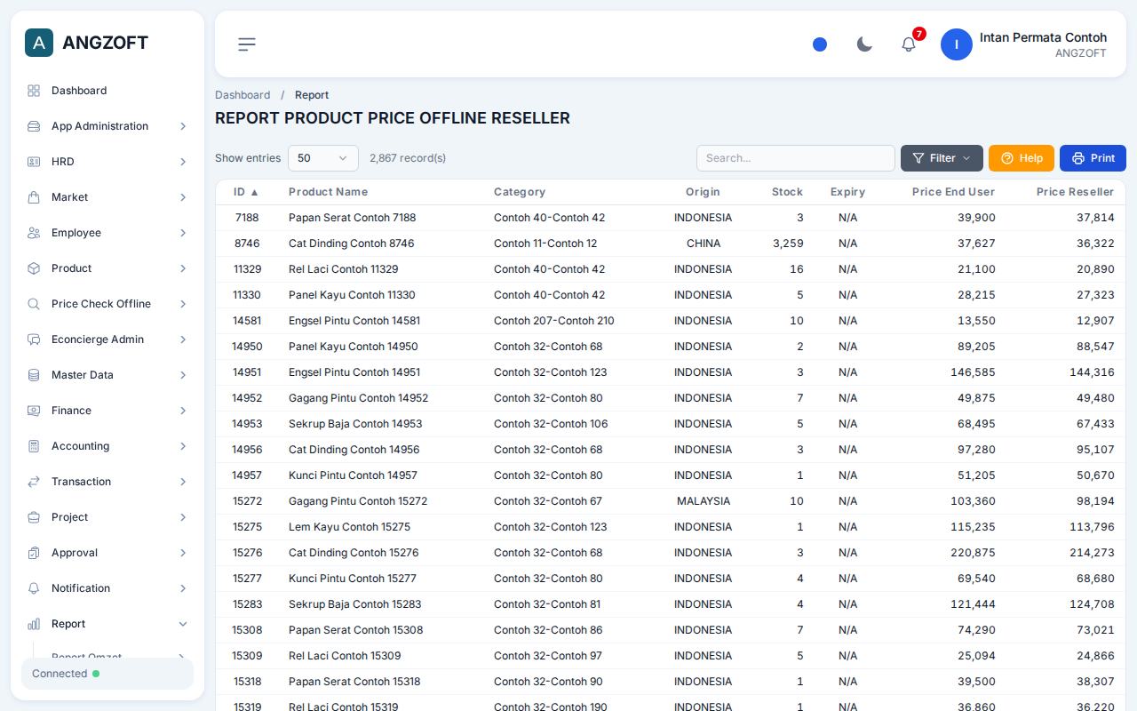 Layar Pricelist Econcierge/Reseller di aplikasi Angzoft ERP.