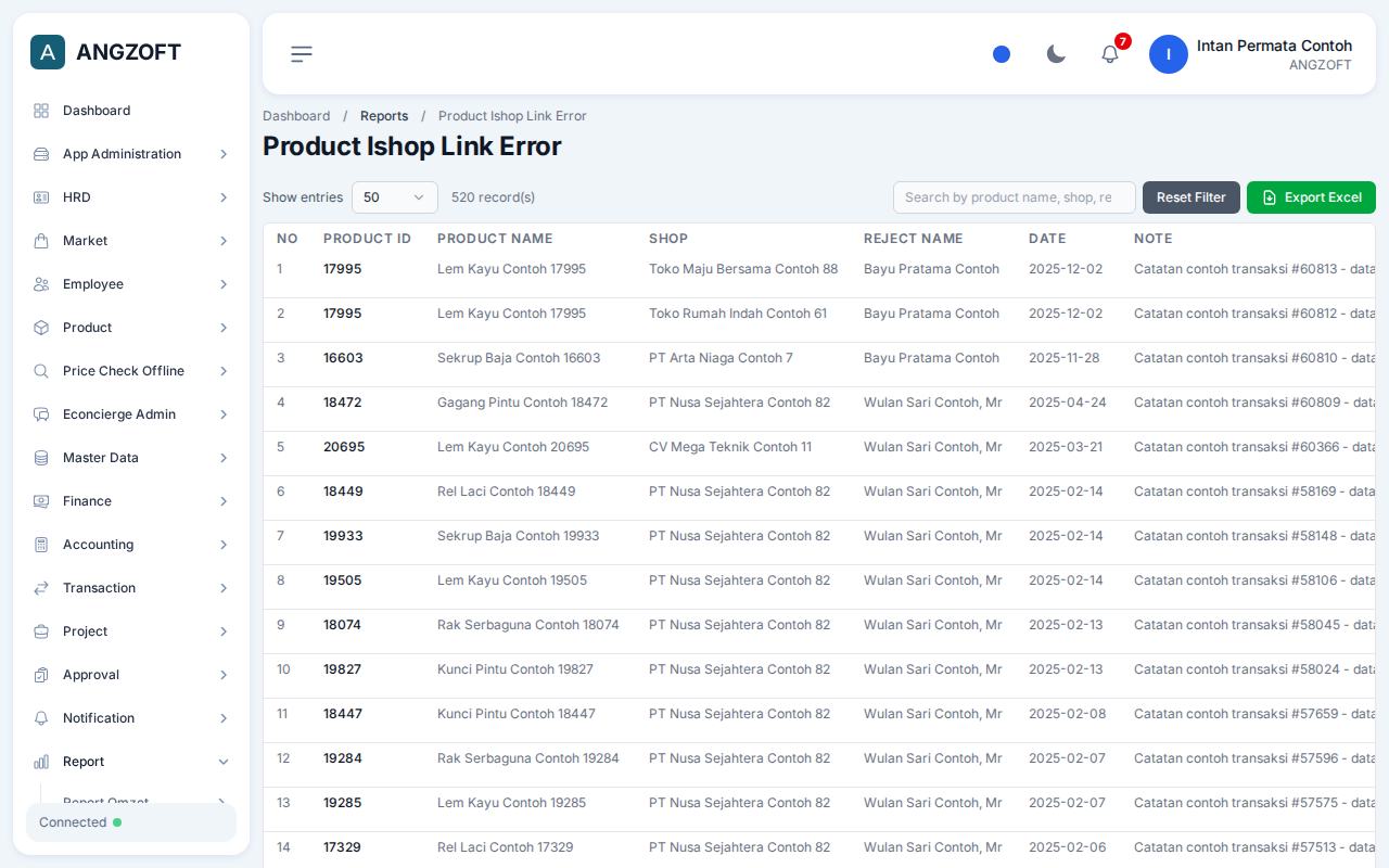 Layar Product Ishop Link Error di aplikasi Angzoft ERP.