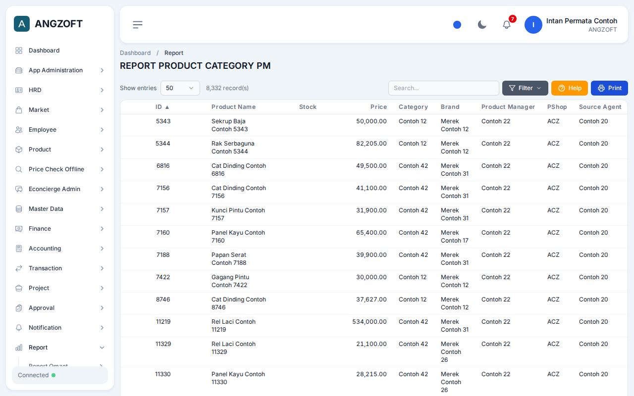 Layar General (Complete Category) di aplikasi Angzoft ERP.