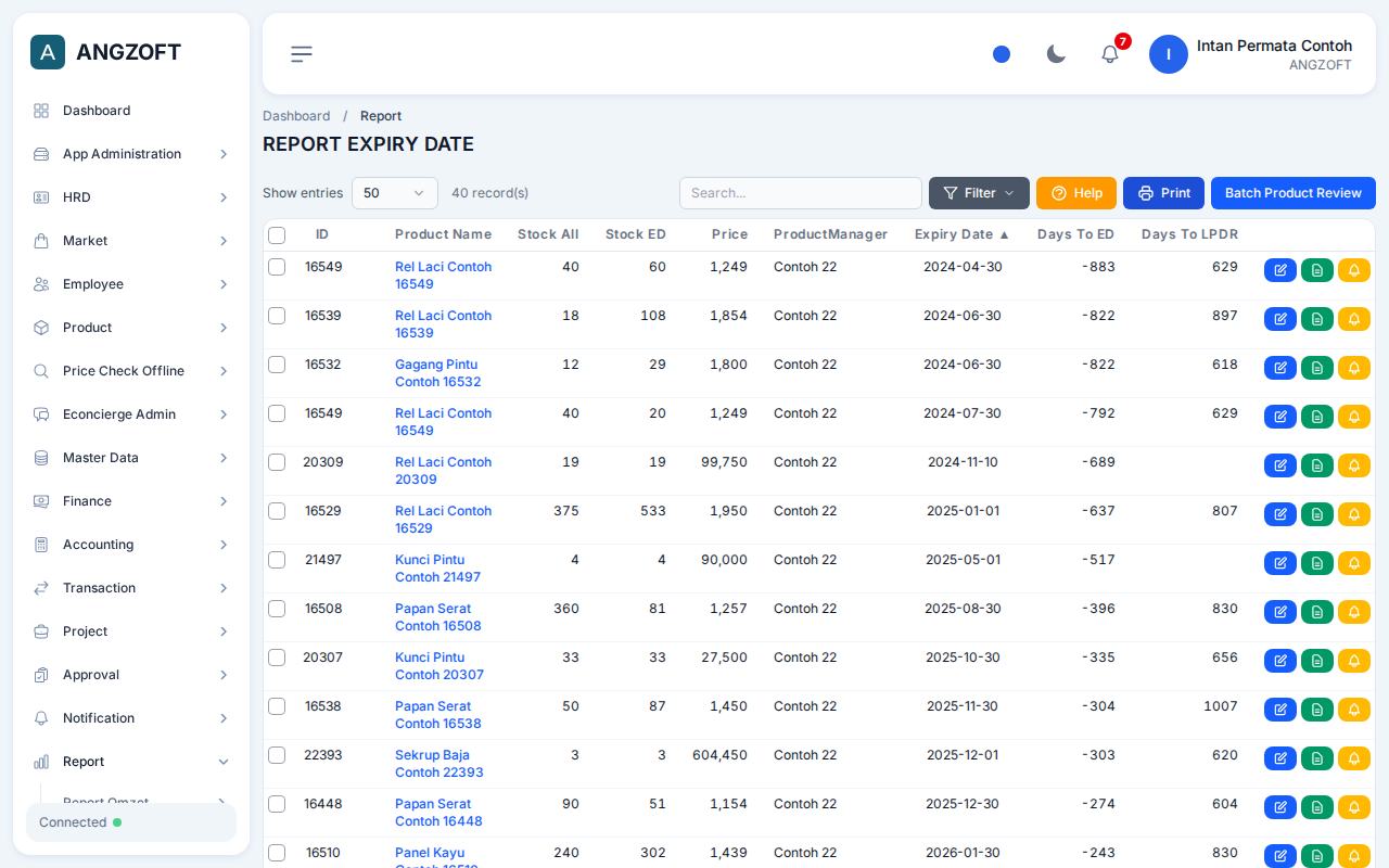 Layar Expiry Date di aplikasi Angzoft ERP.