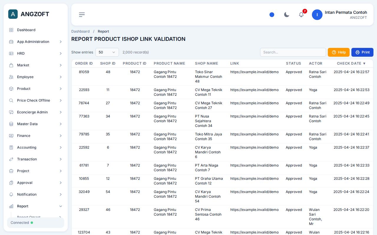 Layar Ishop Link Validation di aplikasi Angzoft ERP.