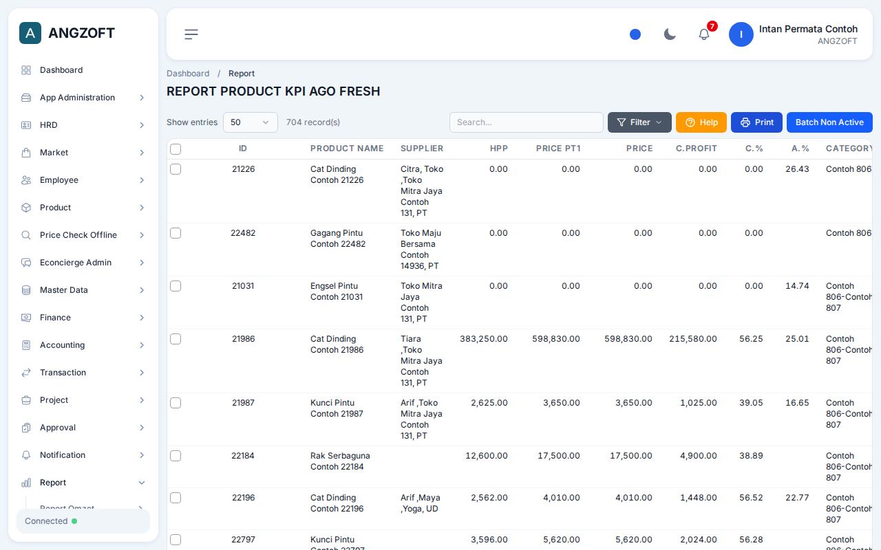 Layar Product KPI FRESH di aplikasi Angzoft ERP.