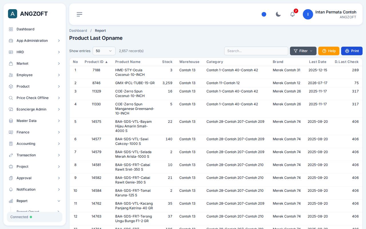 Layar Last Opname di aplikasi Angzoft ERP.
