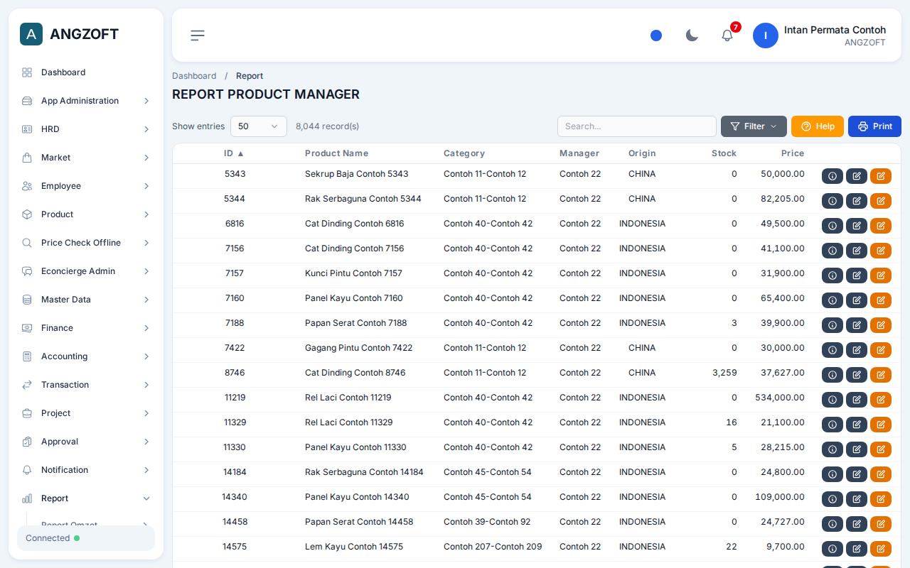 Layar Product Manager di aplikasi Angzoft ERP.