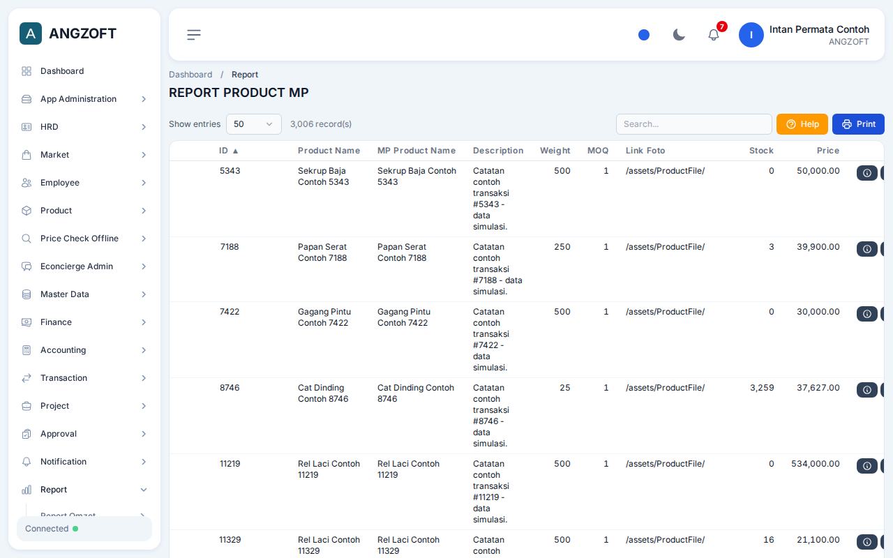 Layar Product MP di aplikasi Angzoft ERP.
