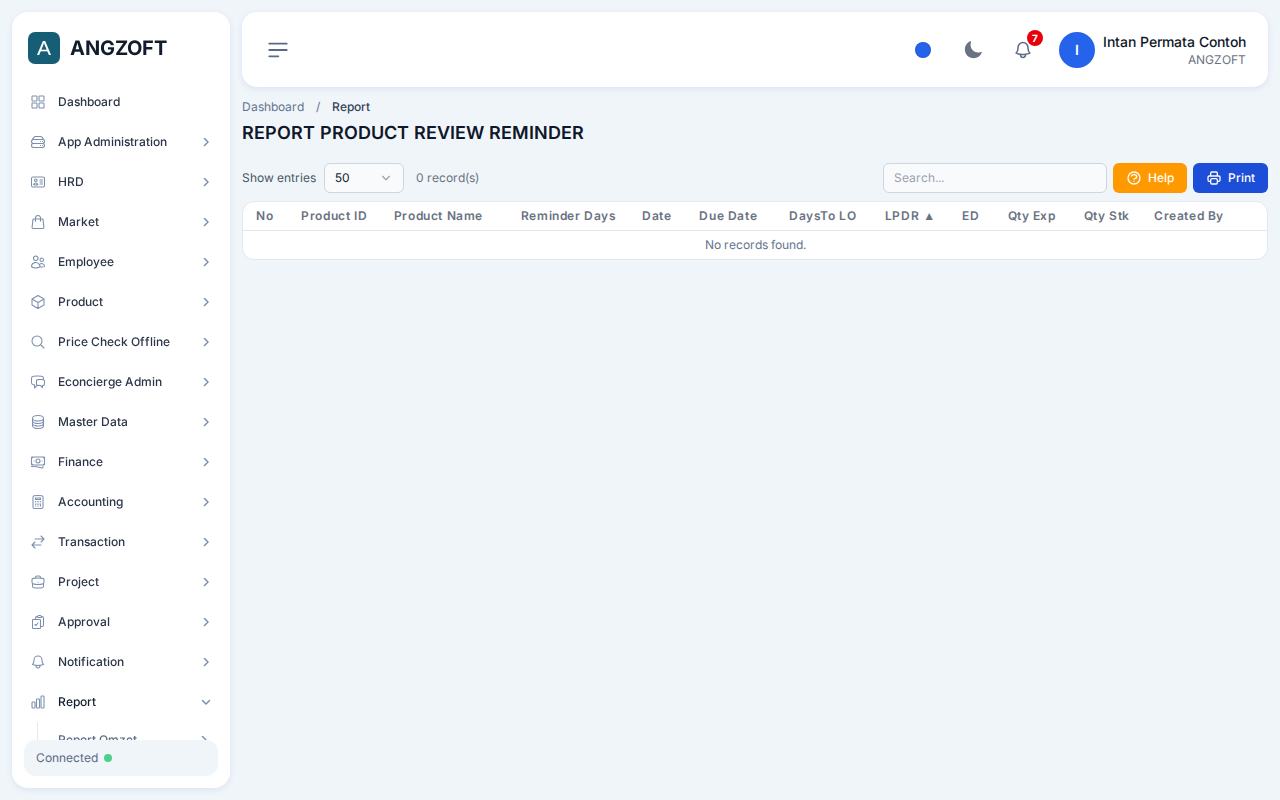 Layar Product Review Reminder di aplikasi Angzoft ERP.