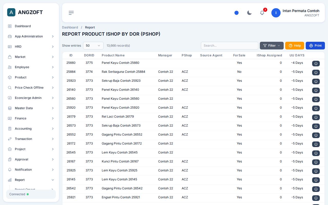 Layar IShop by DOR (PSHOP) di aplikasi Angzoft ERP.