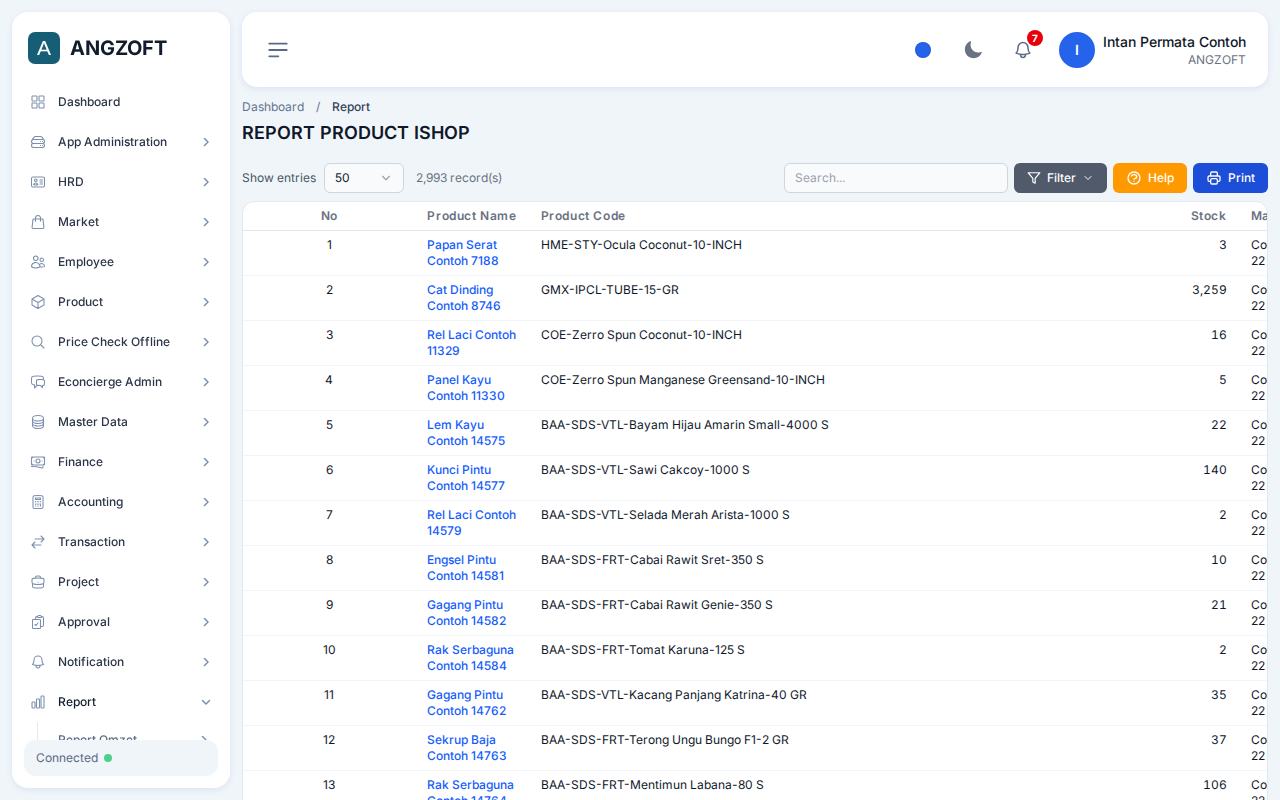 Layar Product IShop di aplikasi Angzoft ERP.