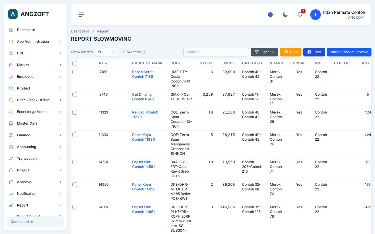 Layar SlowMoving di aplikasi Angzoft ERP.