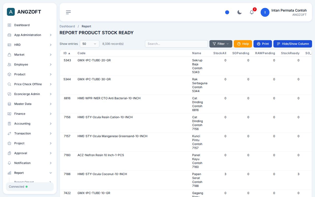 Layar Stock Ready di aplikasi Angzoft ERP.