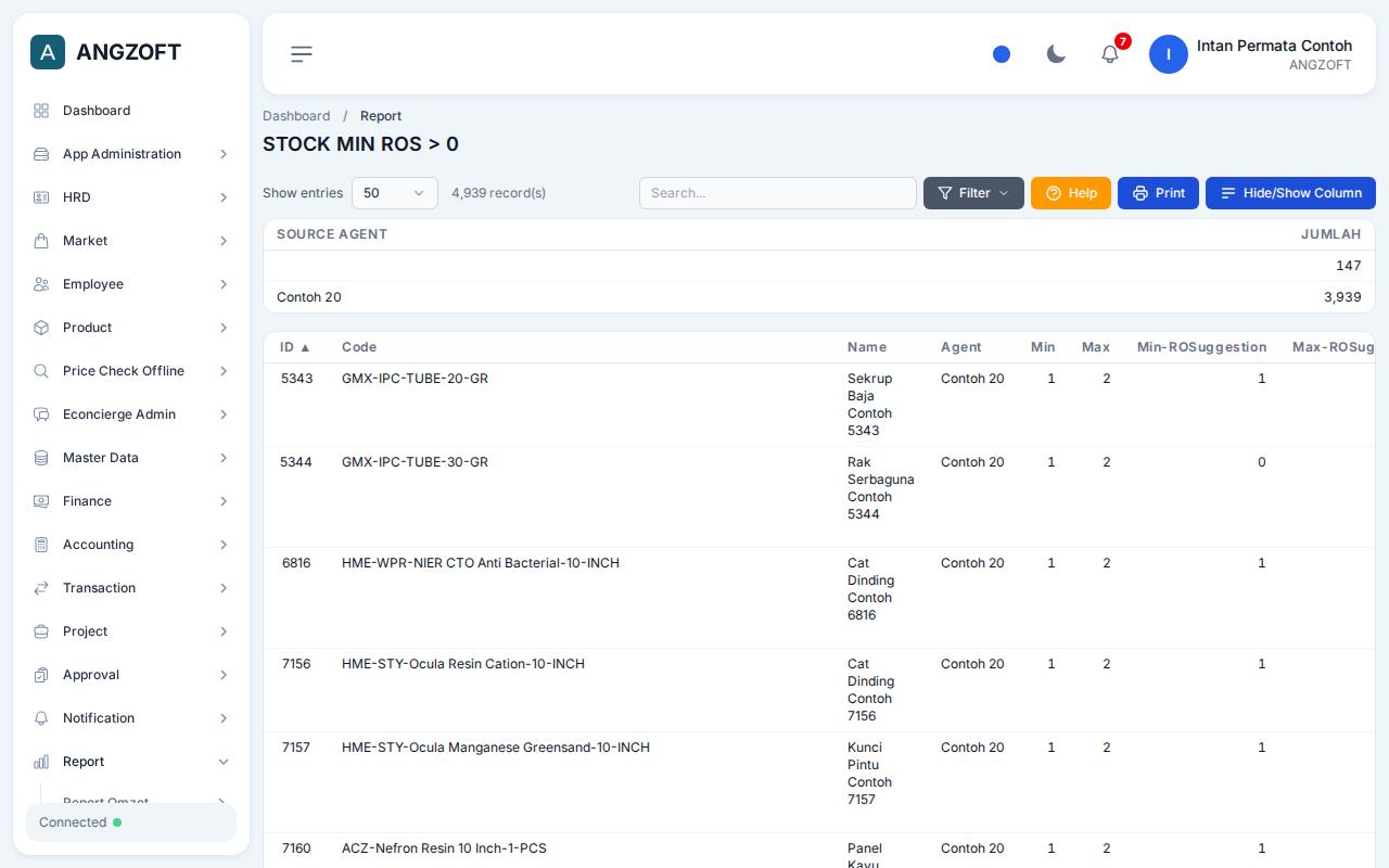 Layar Stock ROS > 0 di aplikasi Angzoft ERP.