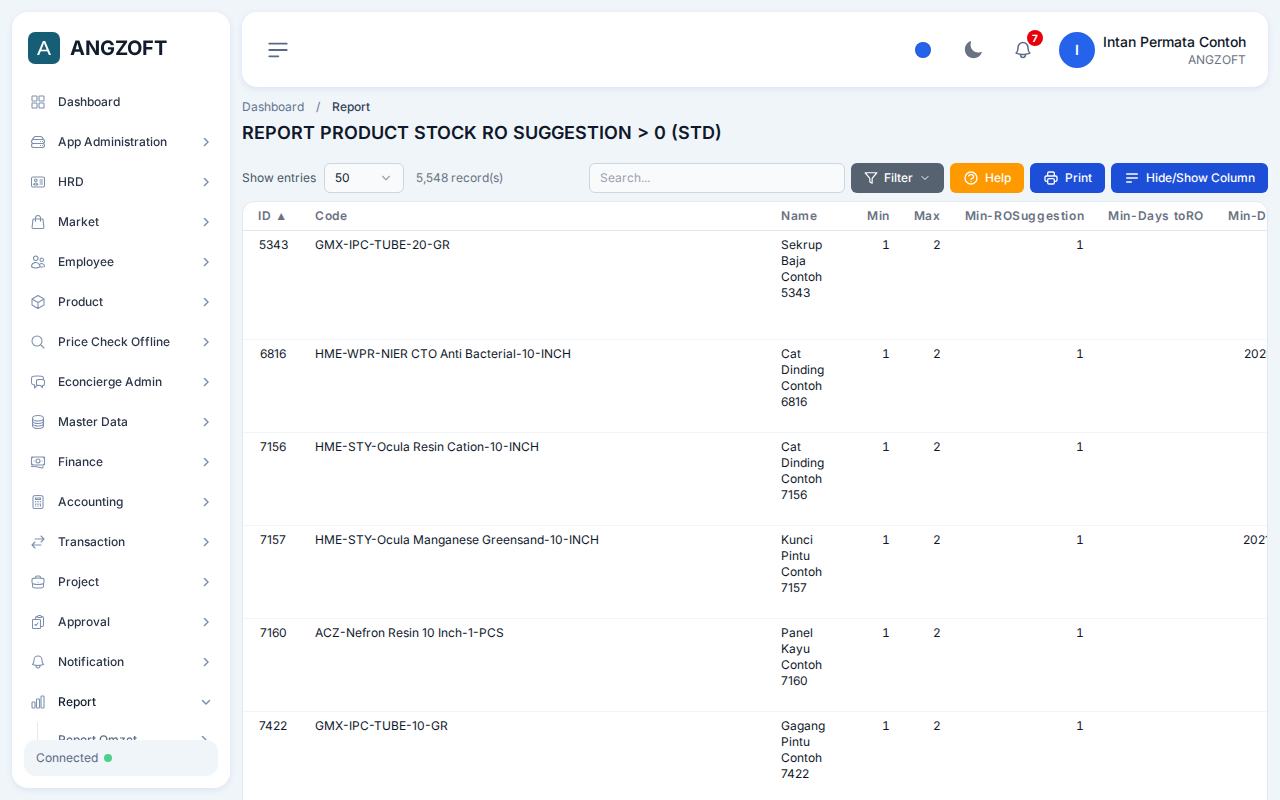 Layar Stock ROS > 0 (STD) di aplikasi Angzoft ERP.
