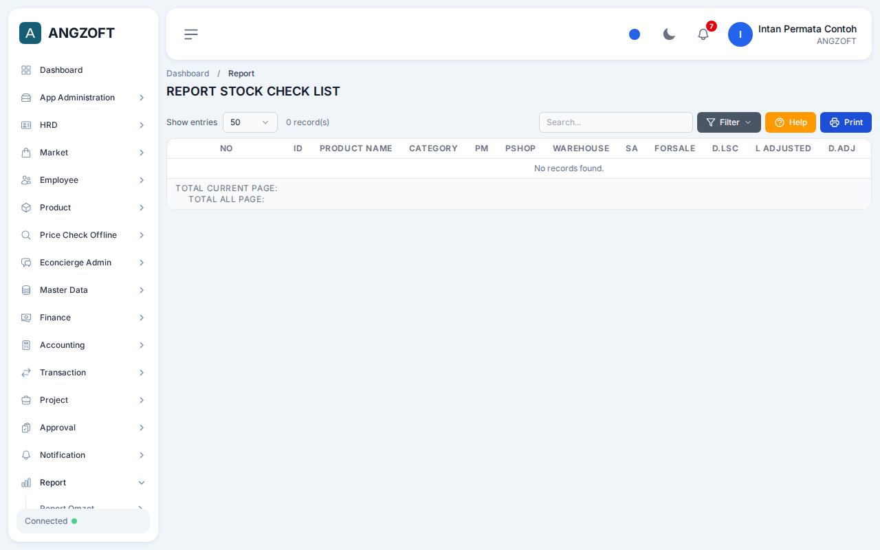 Layar Stock Check List di aplikasi Angzoft ERP.