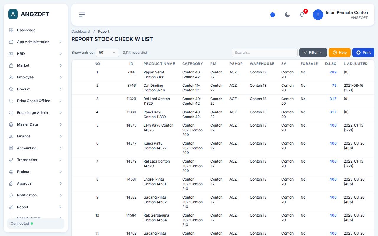 Layar Stock Check W List di aplikasi Angzoft ERP.