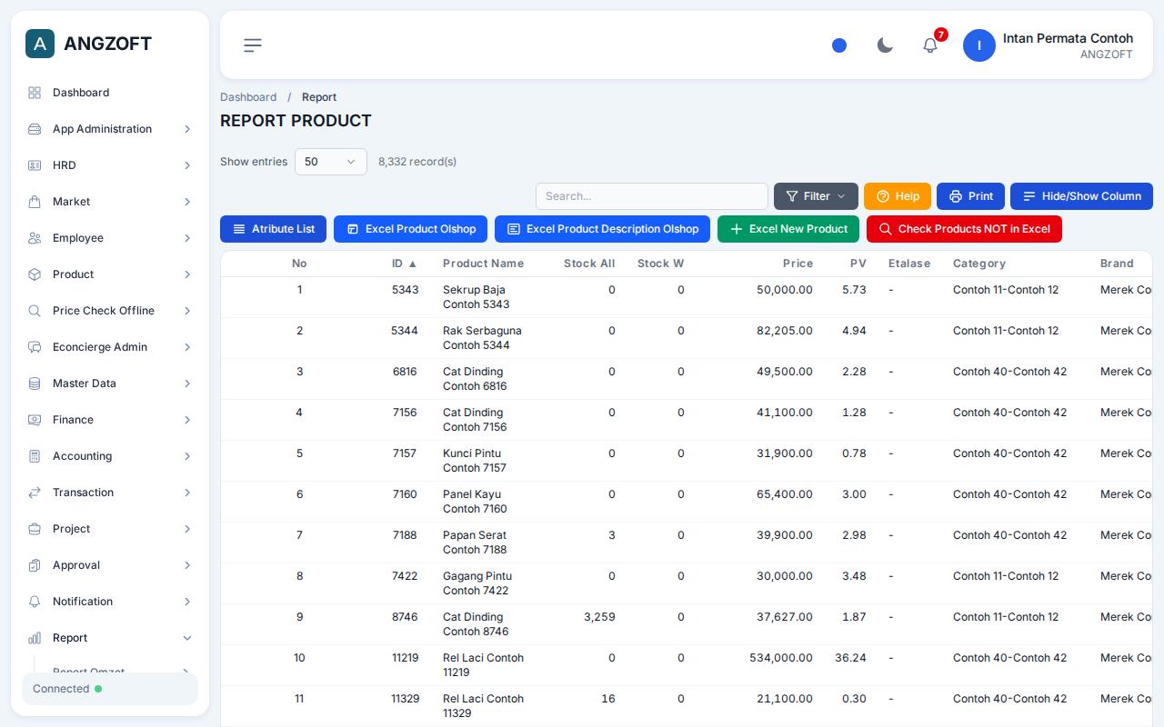 Layar General di aplikasi Angzoft ERP.