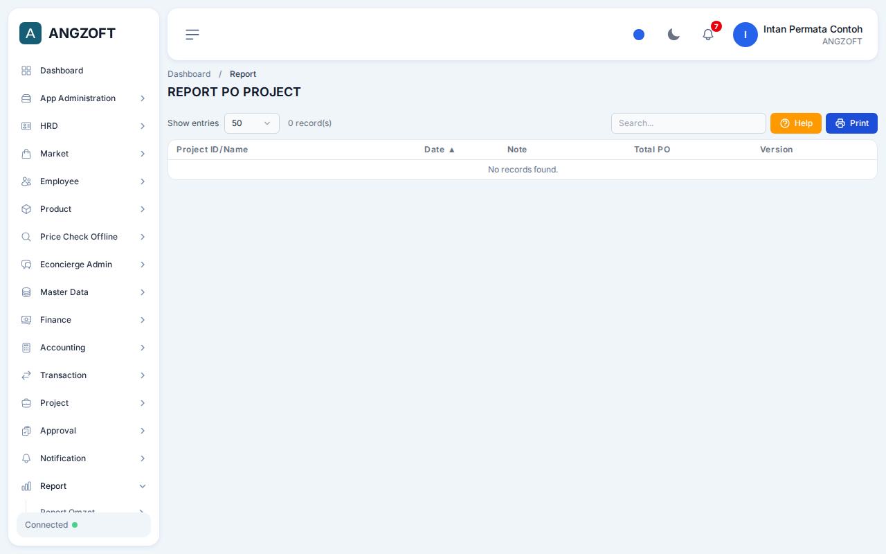 Layar PO Project di aplikasi Angzoft ERP.