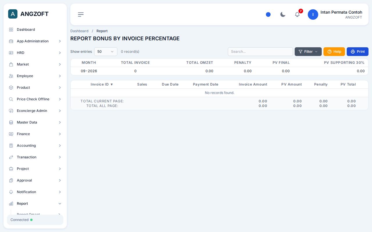 Layar PV by Invoice Percentage di aplikasi Angzoft ERP.