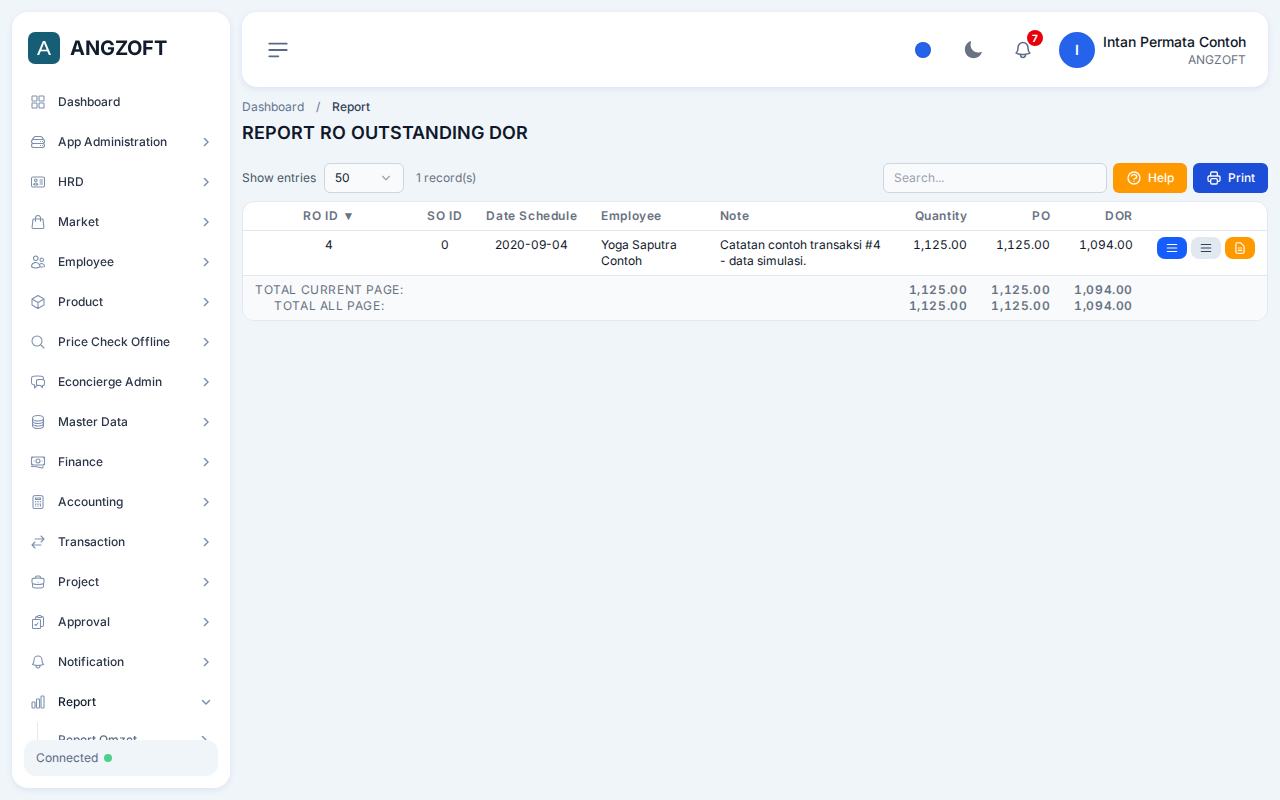 Layar Outstanding DOR di aplikasi Angzoft ERP.