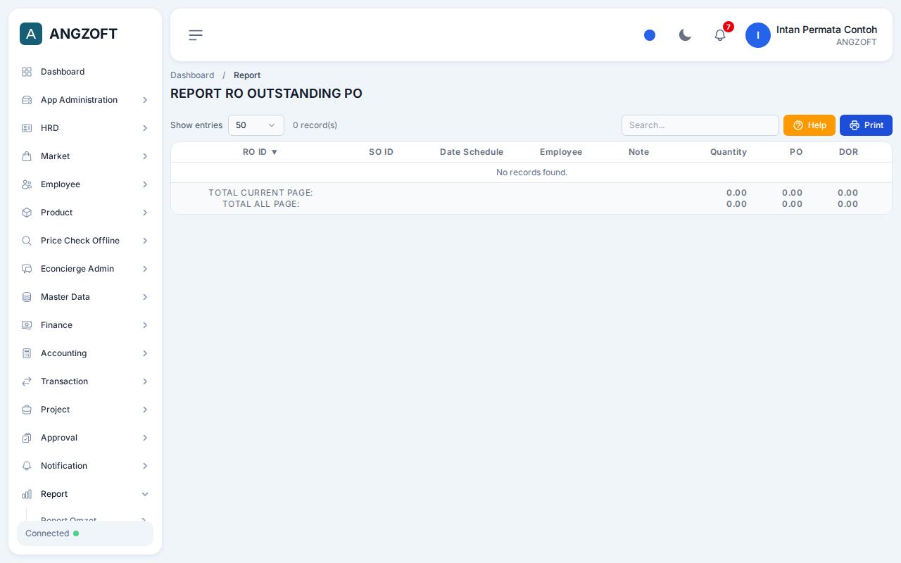 Layar Outstanding PO di aplikasi Angzoft ERP.