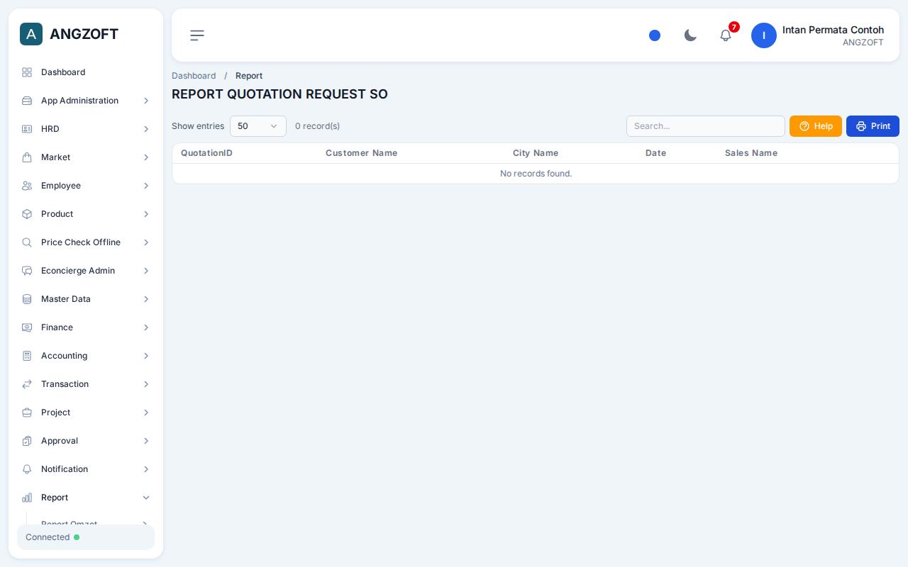 Layar QT REQ SO di aplikasi Angzoft ERP.