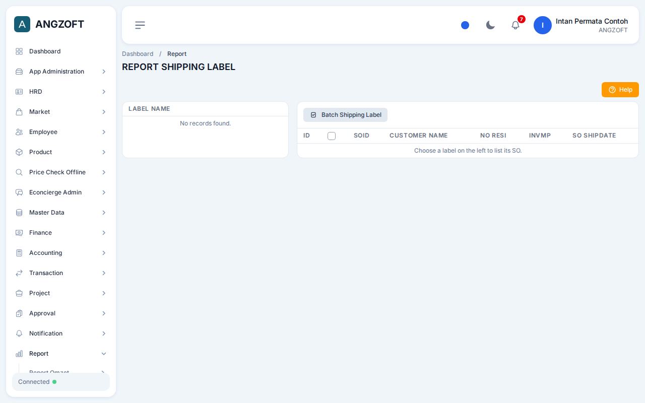 Layar Shipping Label di aplikasi Angzoft ERP.