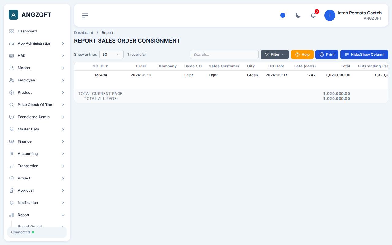 Layar SO Consignment di aplikasi Angzoft ERP.