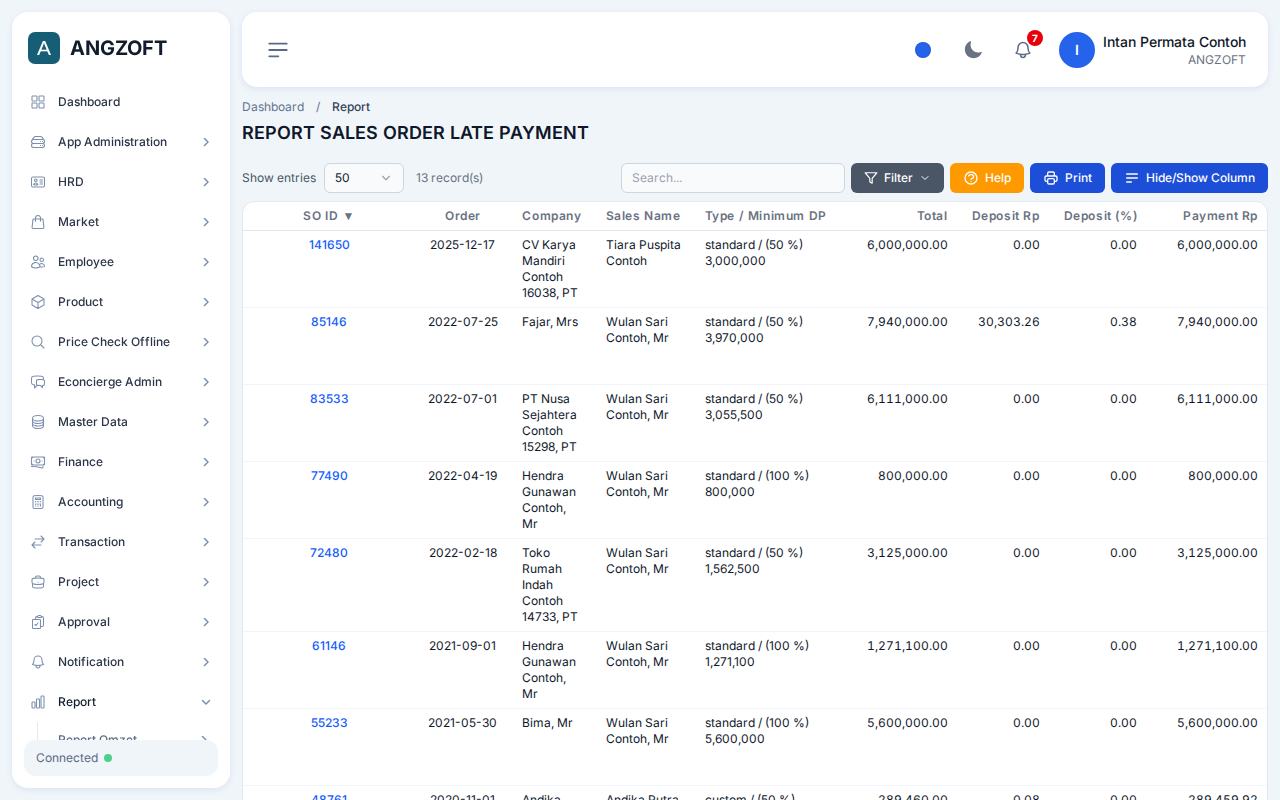 Layar Late Payment di aplikasi Angzoft ERP.