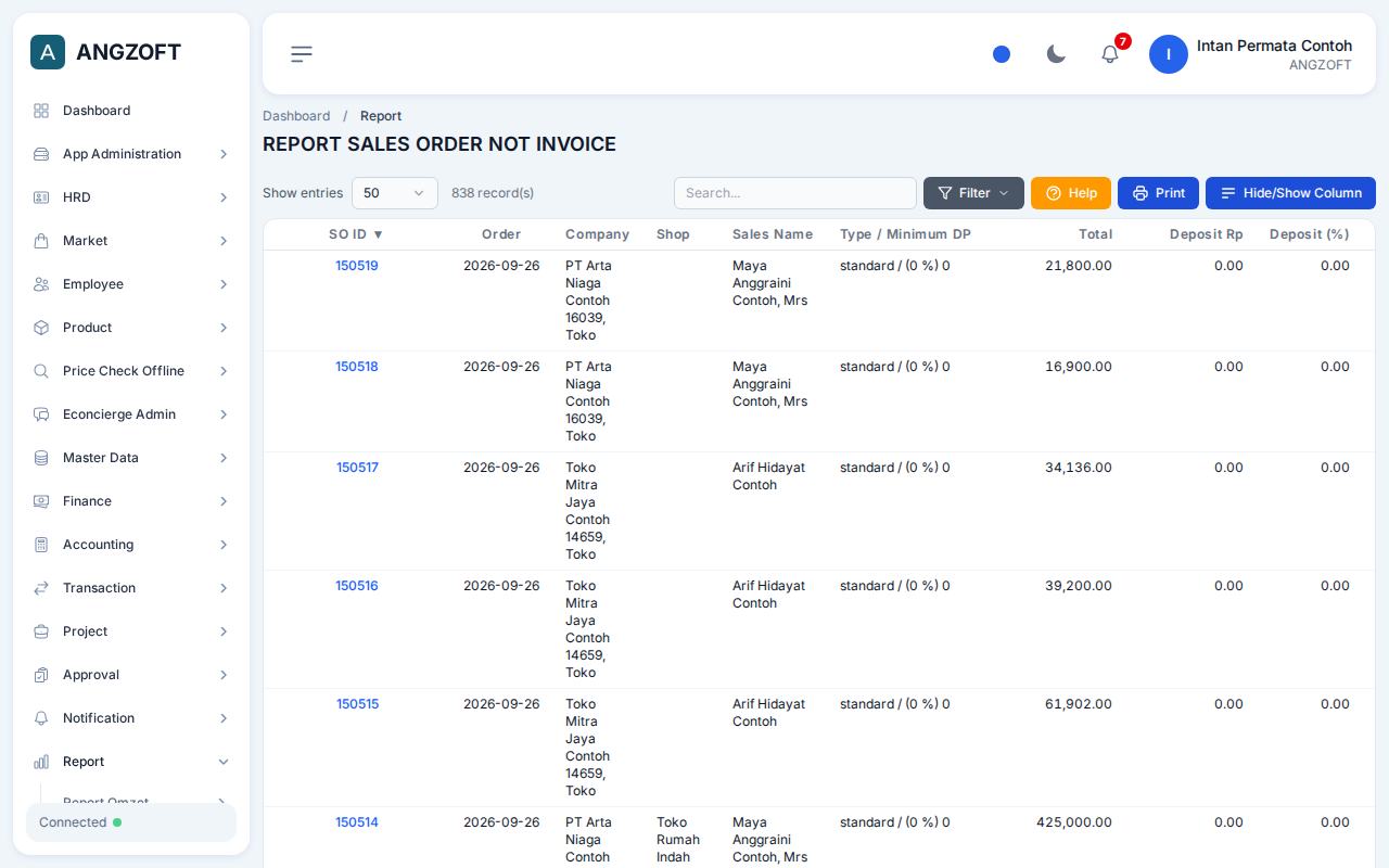 Layar Not INV di aplikasi Angzoft ERP.