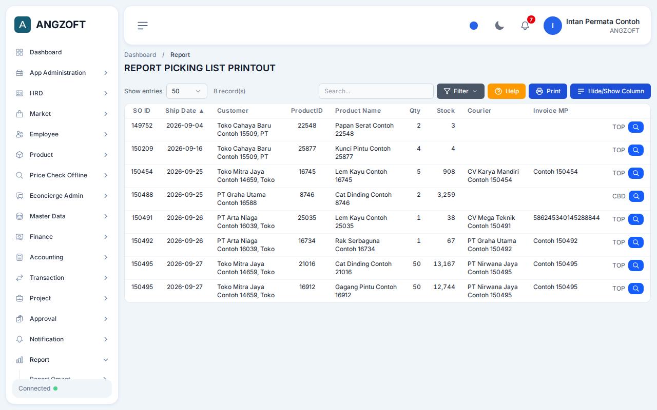 Layar Picking List di aplikasi Angzoft ERP.