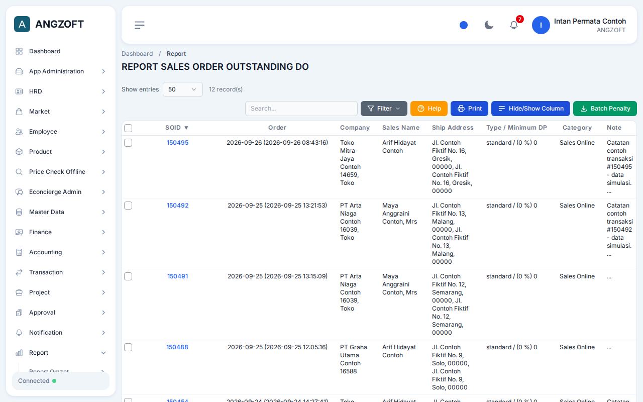 Layar Outstanding DO di aplikasi Angzoft ERP.
