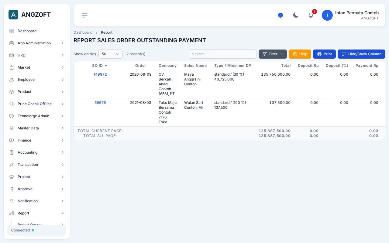 Layar Outstanding Payment di aplikasi Angzoft ERP.