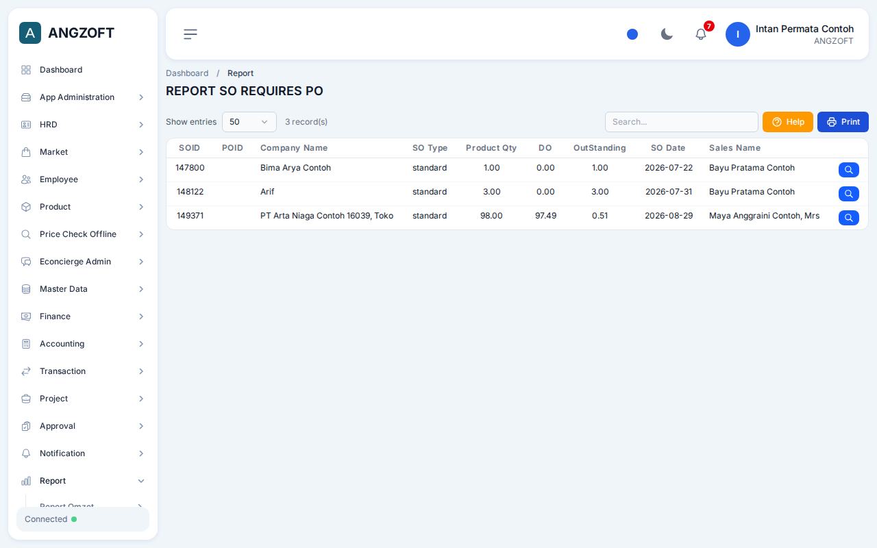 Layar SO REQ PO di aplikasi Angzoft ERP.