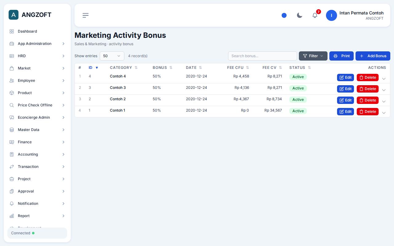 Layar Marketing Activity Bonus di aplikasi Angzoft ERP.