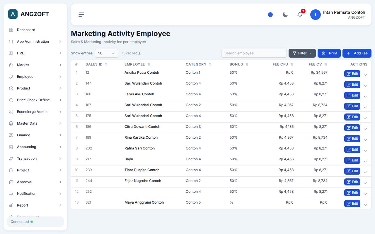 Layar Marketing Activity Employee di aplikasi Angzoft ERP.