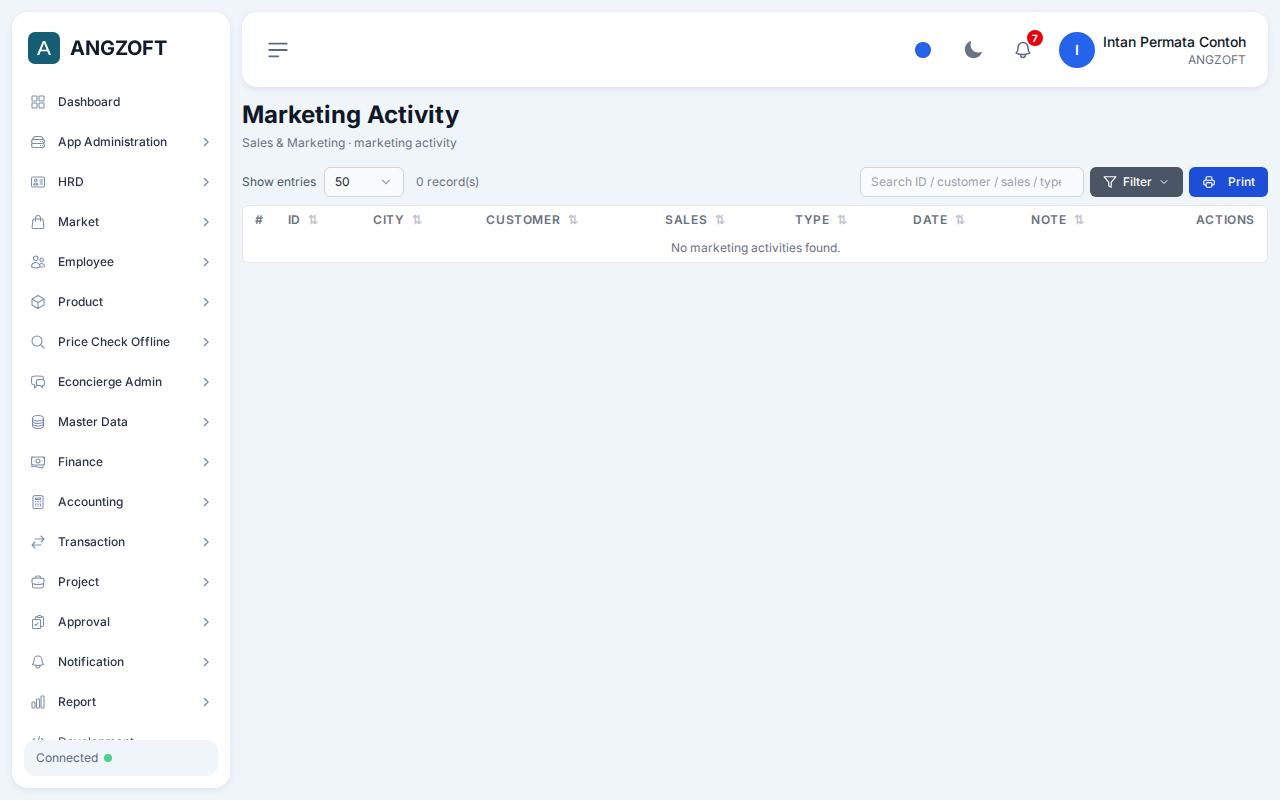 Layar Marketing Activity di aplikasi Angzoft ERP.