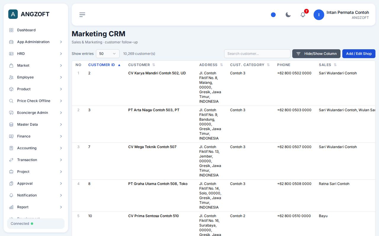 Layar Marketing CRM di aplikasi Angzoft ERP.