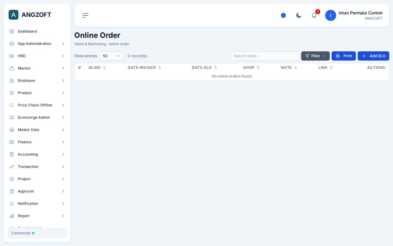 Layar Online Order di aplikasi Angzoft ERP.