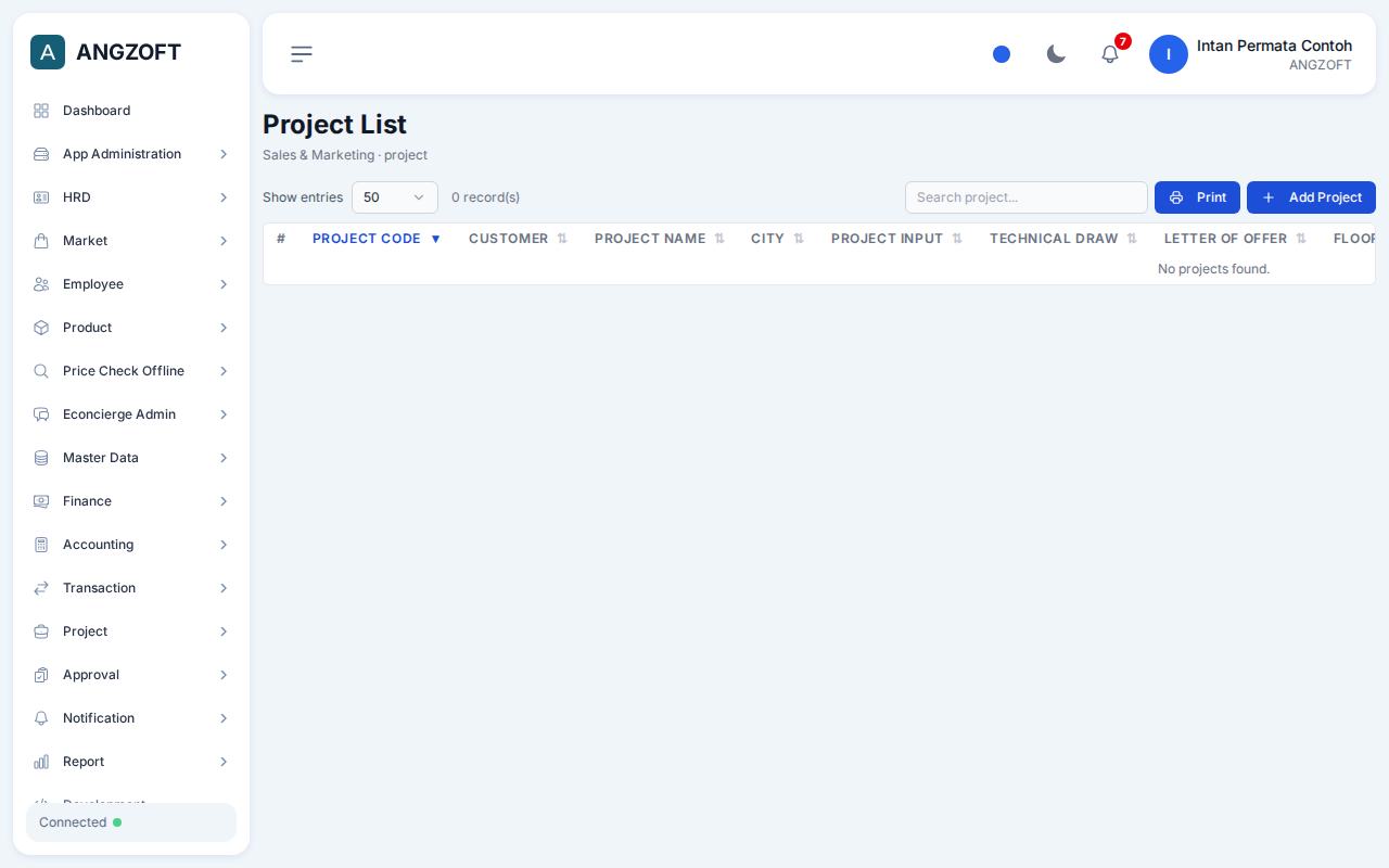 Layar Project List di aplikasi Angzoft ERP.