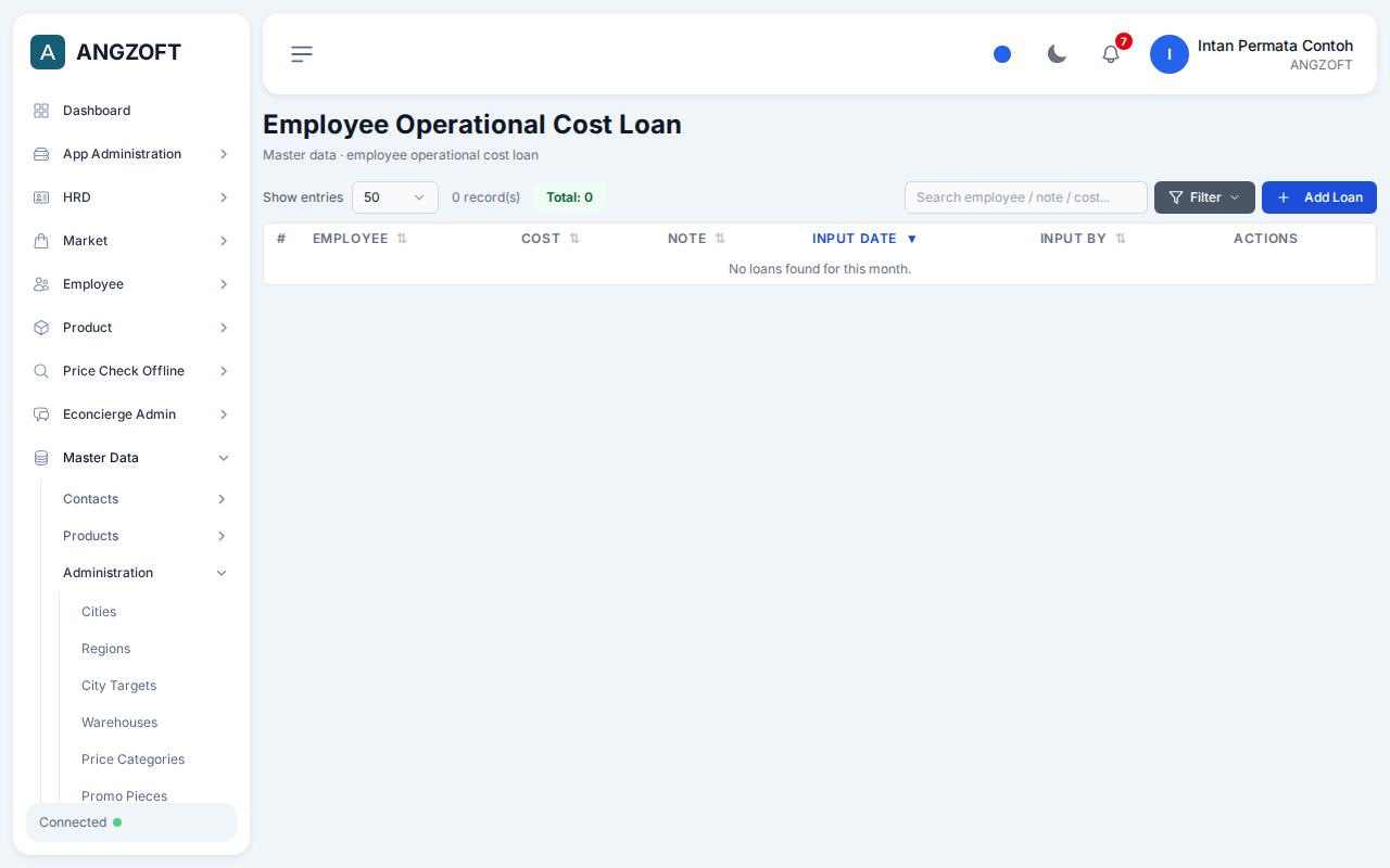 Layar Cost Loan di aplikasi Angzoft ERP.