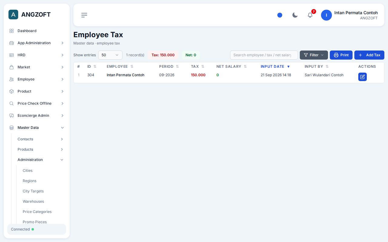 Layar Employee Tax di aplikasi Angzoft ERP.