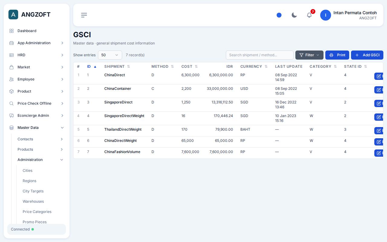 Layar GSCI (Shipment Costs) di aplikasi Angzoft ERP.